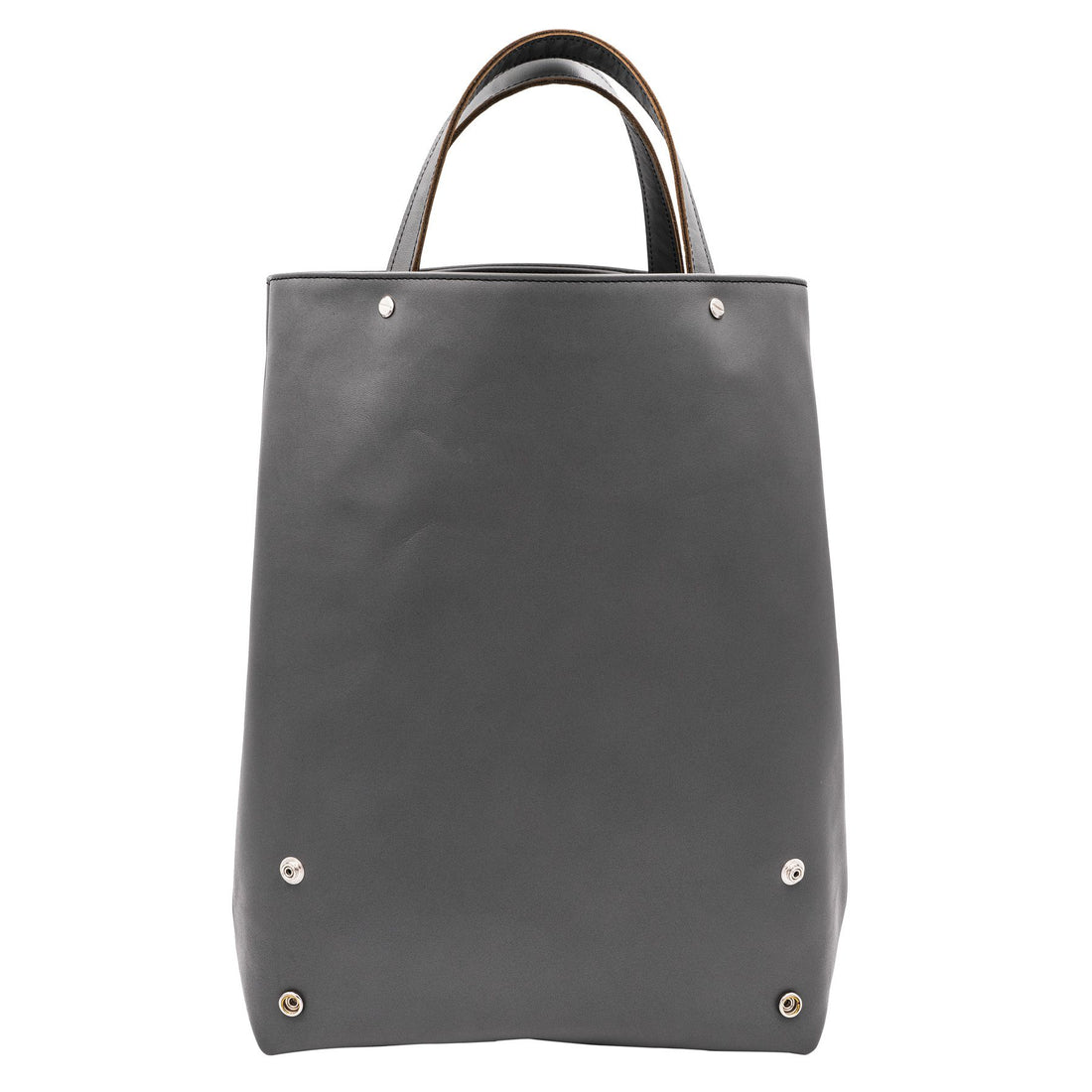 Vorderansicht eines grauen Shoppers aus pflanzlich gegerbtem Olivenleder® mit matter Oberfläche, kurzen Tragegriffen und silbernen Schraubnieten